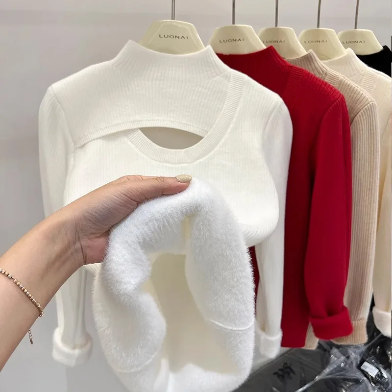 Hot Chick With Velvet One Body Hollow Half Turtleneck Knit Sweater Base Women Autumn Winter Thick Warm Inside With Mid-Neck Tops