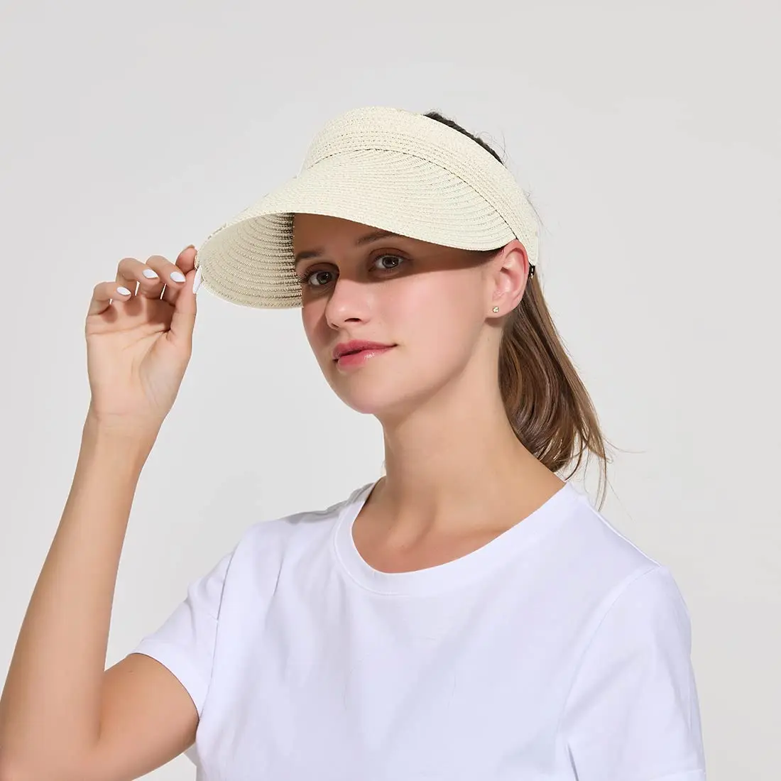 Women Sun Protect Empty Top Straw Hat Summer Adjustable Solid Color Foldable Wide Brim Cap UV Beach Bucket Female Chapeau