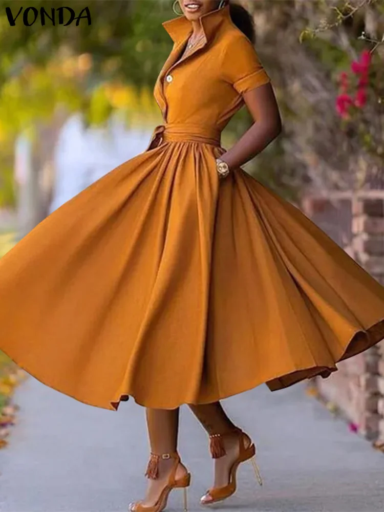 Plus Size 5XL VONDA Autumn Women Office Dress 2024 Elegant Belt Turn-down Collar Sundress OL Lady Dress Vestidos Femme Robe