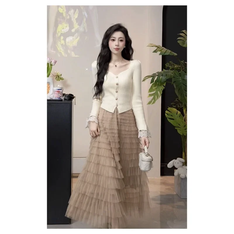 Spring Summer Ultra Fairy Multi-Layered Cake Skirt Pure Color Khaki Mesh Half-length Tight Waist Casual Style Women's Skirt