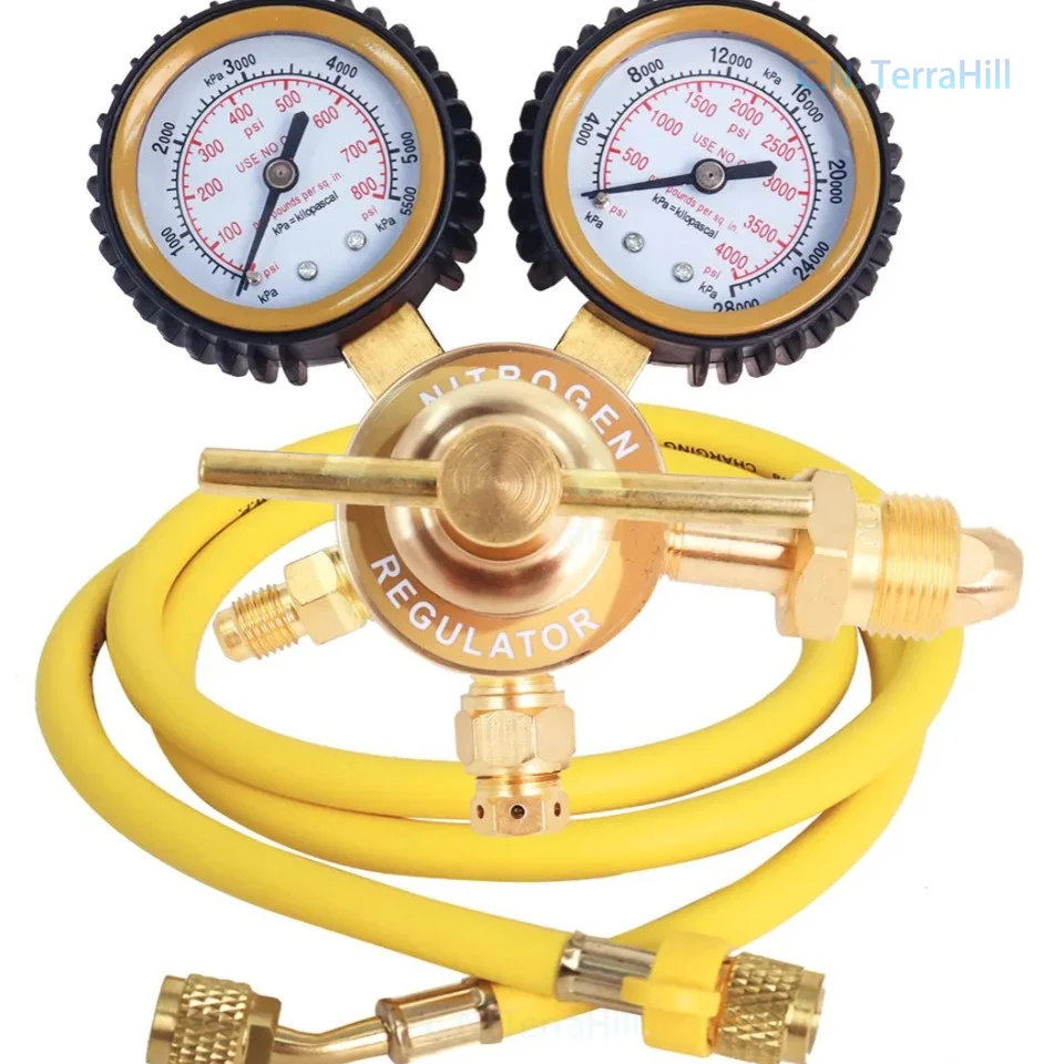 CGA580 Nitrogen Pressure Regulator 0-800psi 0-600psi Full Copper Dual Gauge with Hose for Welding HVAC Industrial Gas Control