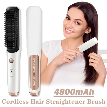 Image 4800mAh Cordless Hair Straightener Brush Electric Hair Smoothing Brush Beard Straightener for Men Rechargeable Heating Comb