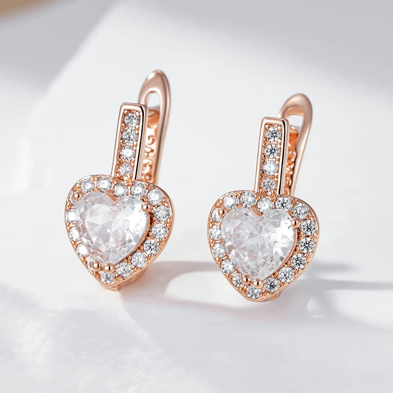 Kinel Hot Luxury Heart Drop Earrings for Women Natural Zircon With 585 Rose Gold Color Modern Party Wedding Daily Fine Jewelry