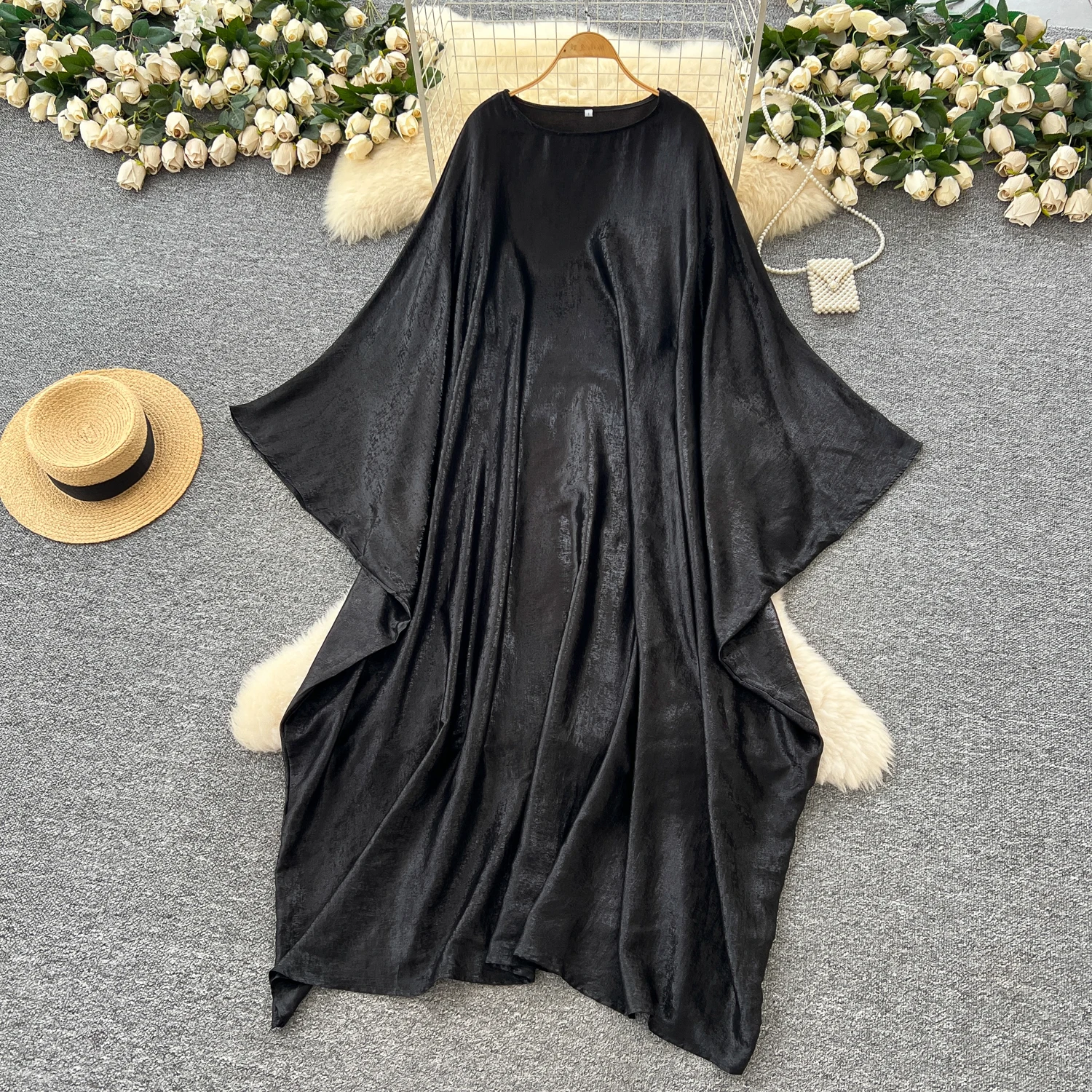 Chic vintage manica lunga O-Collo solido sciolto sottile Elegante fata moda coreana Boho Vestito estivo abbigliamento donna Abito lungo