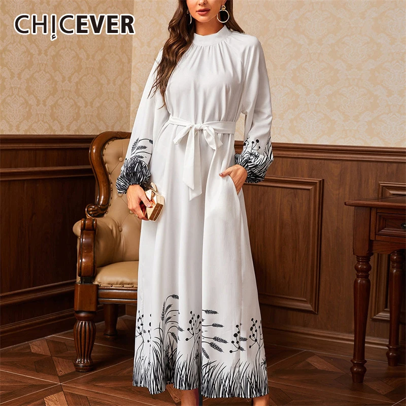 CHICEVER Hit Color Casual Dress Women Stand Collar Long Sleeves High Waisr Patchwork Lace Up Printed Design Dresses Female Style