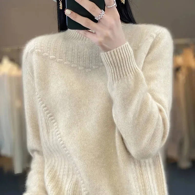 Sweater Korea wanita, pakaian rajut lengan panjang kerah setengah tinggi musim gugur musim dingin wanita warna polos rajutan