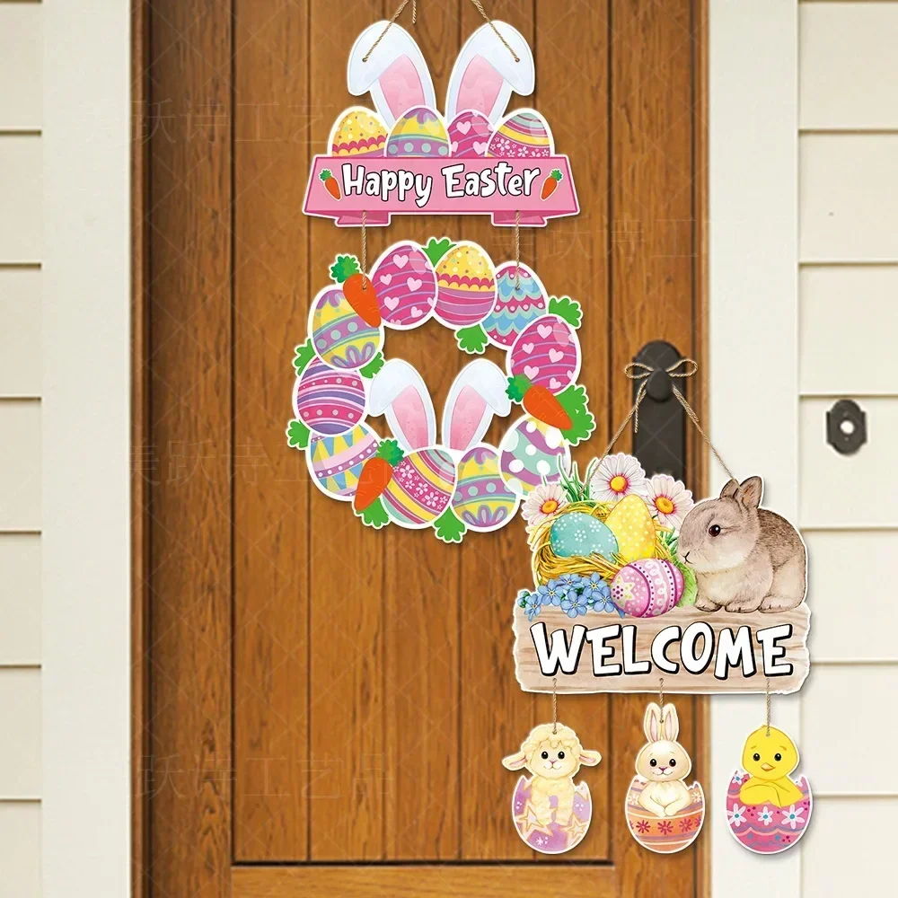 Easter Day Bunny Hanging Pendent Rabbit Carrot Colorful Eggs Welcome Door Sign Drop Ornaments 2025 Happy Easter Party Decor