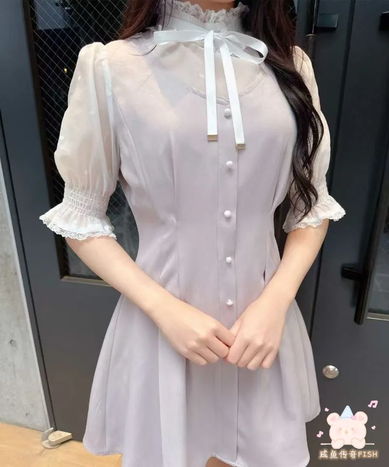 Japanese Mine Heart Printed Lace Stitching Lace-up Stand Collar Flared Sleeves Slim Fit A-line Fake Two Pieces Sweet Dress Women