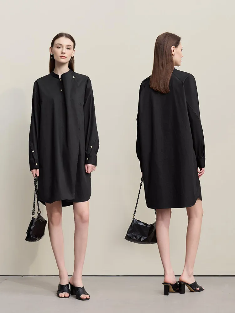 Amii レディースドレス 2026 春新作 スタンドアップネック コットンシャツドレス アシンメトリー ルーズ ドロップショルダー スリーブ 女性服 12641027
