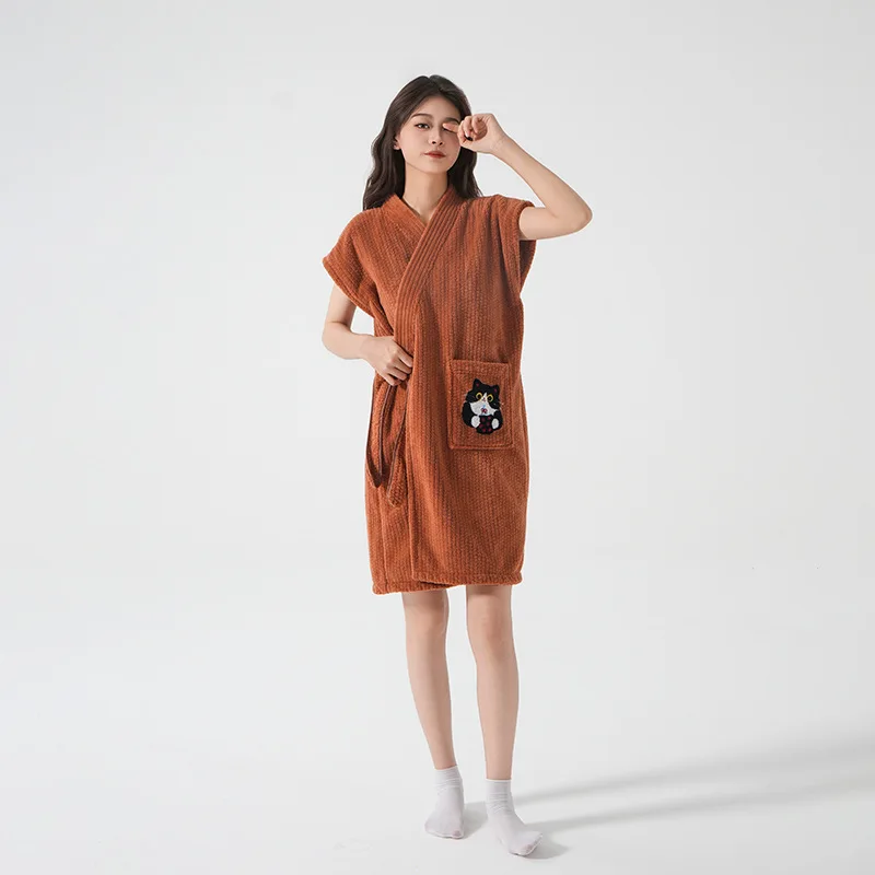Cross-border Embroidered Bath Robe  Highly Absorbent Quickdrying Coral Fleece Sleeveless Summer Bathrobe Tie Belt Wearable Towel