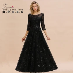 BABYONLINE Black Prom Dress Sequins Floral Appliqulies Embellished O-Neck Illusion Sleeve with Blet Gown Formal Evening Party