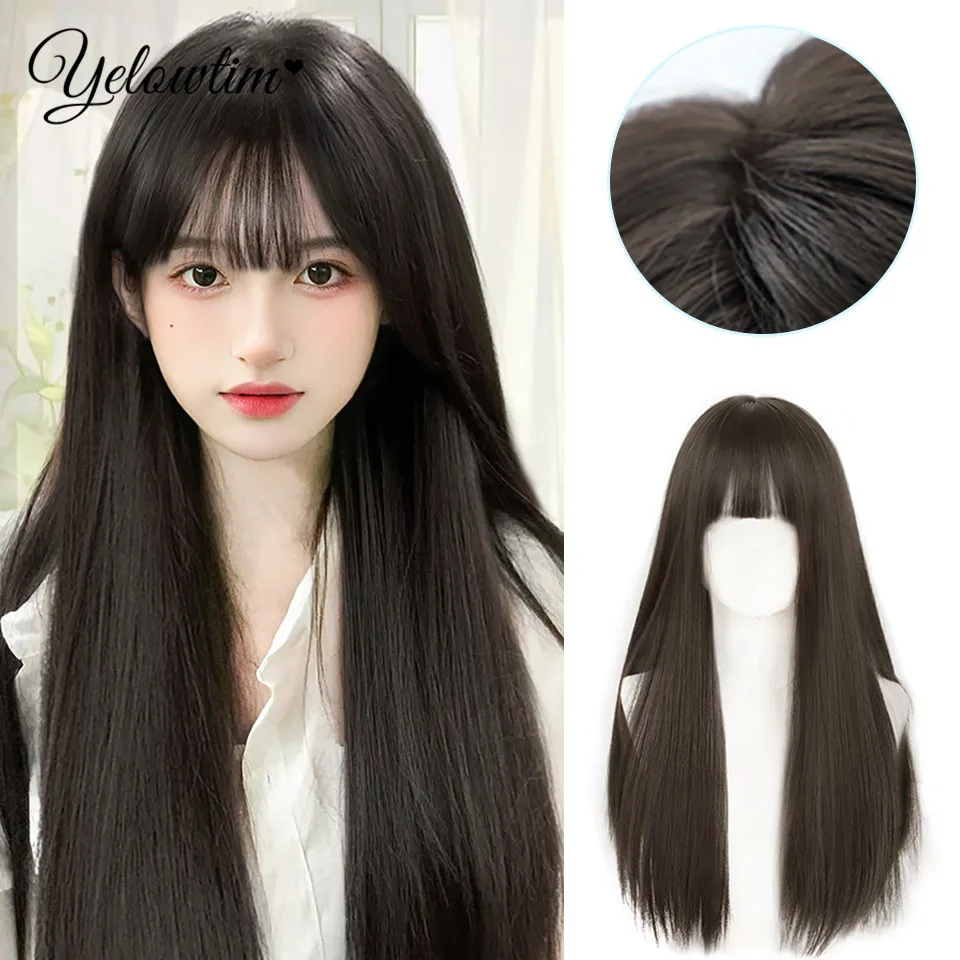 YELOWTI Long Straight Synthetic Wig With Bangs Dark Black Hair Wigs For Women Cosplay Natural Hair Wigs Party Heat Reatural Fake