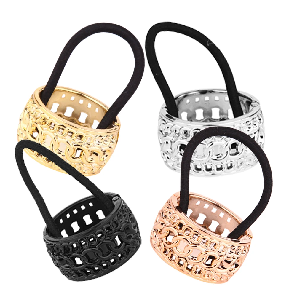 

4 Pcs Ponytail Holders Ties Women Elastic Cuffs Plastic Black Rose Gold Gold Silver Rings Scrunchies Accessories Thick Ties