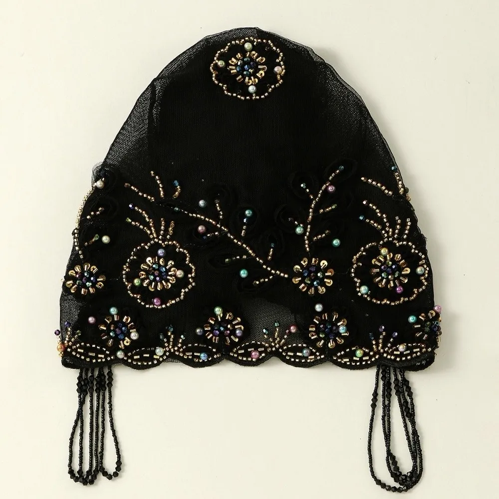 

Мусульманская кружевная шляпа со стразами и бисером, кружевной хиджаб, вышитый дизайн, шляпа с жемчугом, повязка на голову, стильный нижний шарф, капот, шляпа с ромбовидной нитью