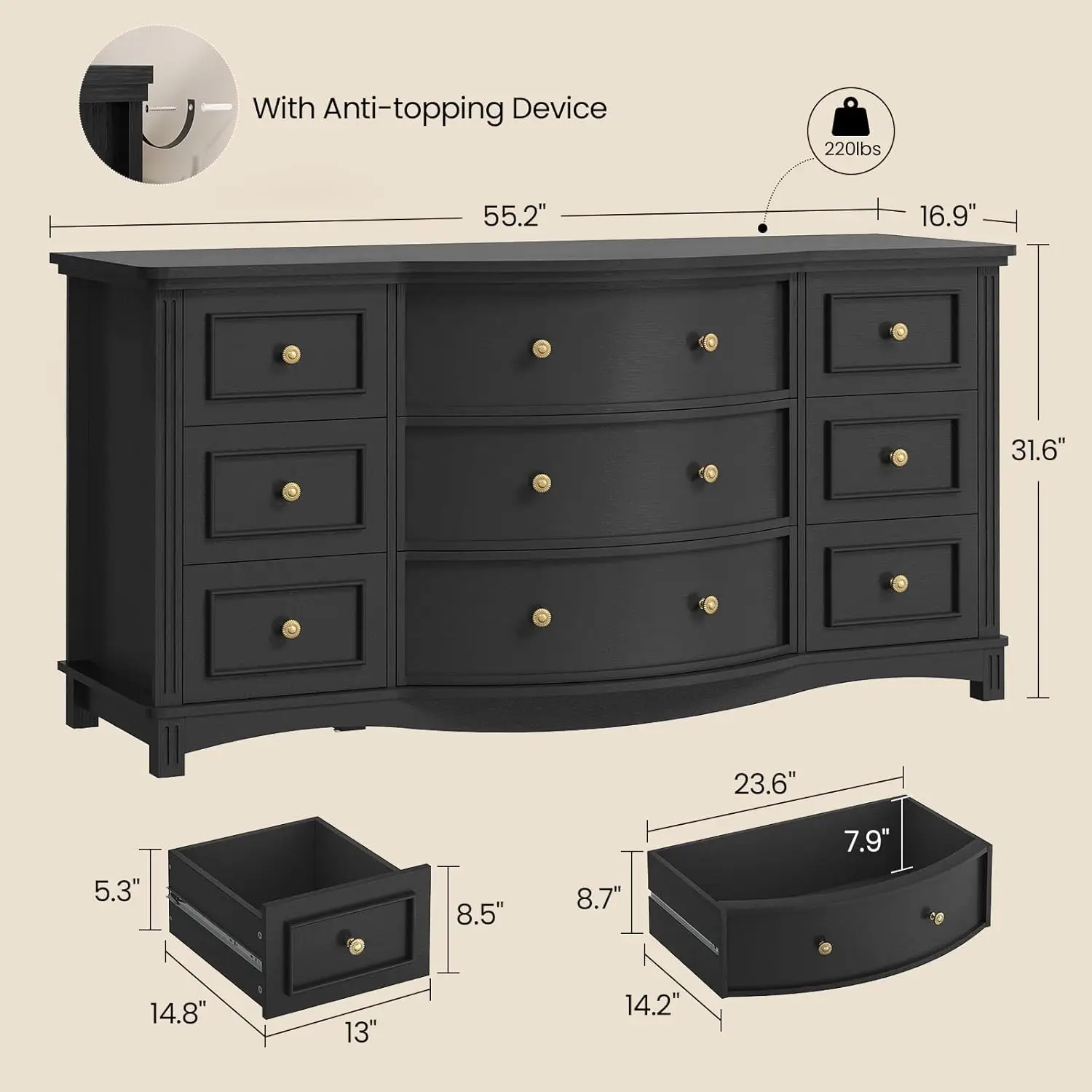 #￥9-Drawer Wide Dresser Arc Front Roman Column Bedroom Storage 55in Long, Customized view 2