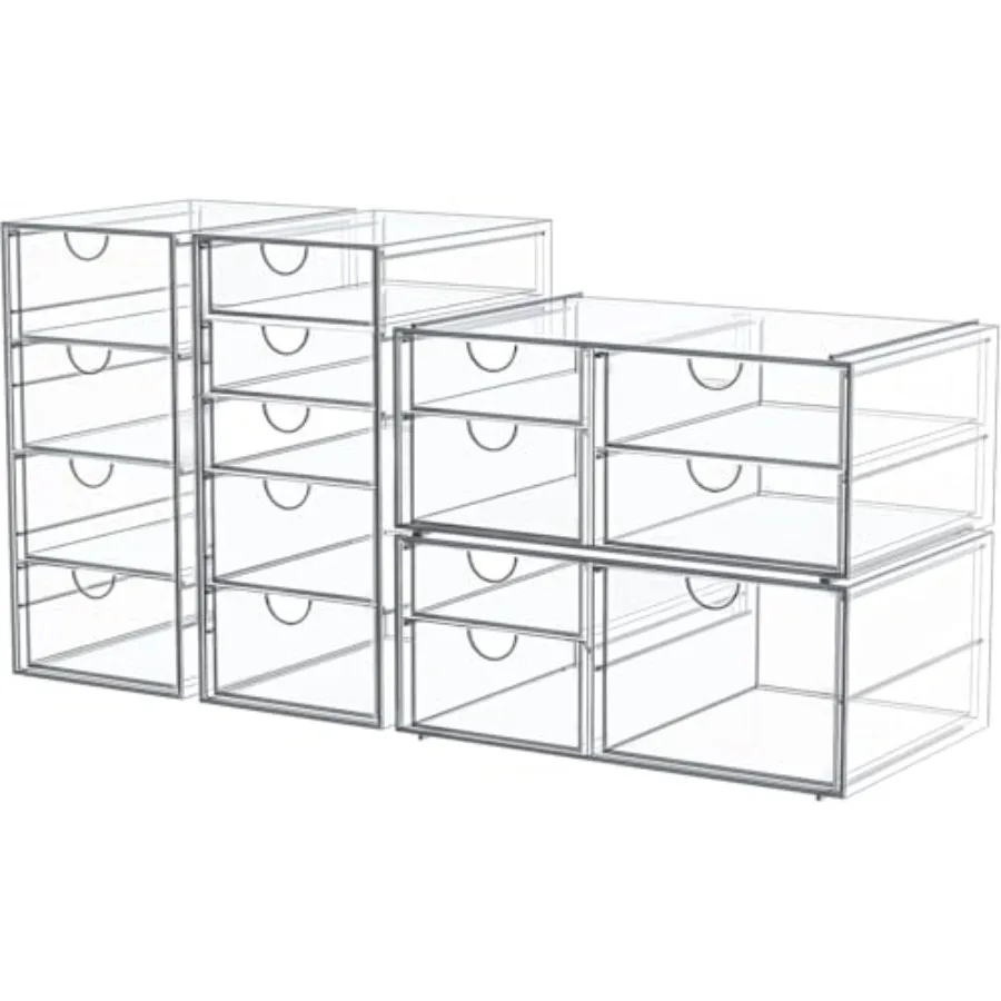 4-Pack Acrylic 16-Drawer Storage and Makeup Organizer for Desk Smooth-glide drawers, clear acrylic, stackable, dustproof, wipe