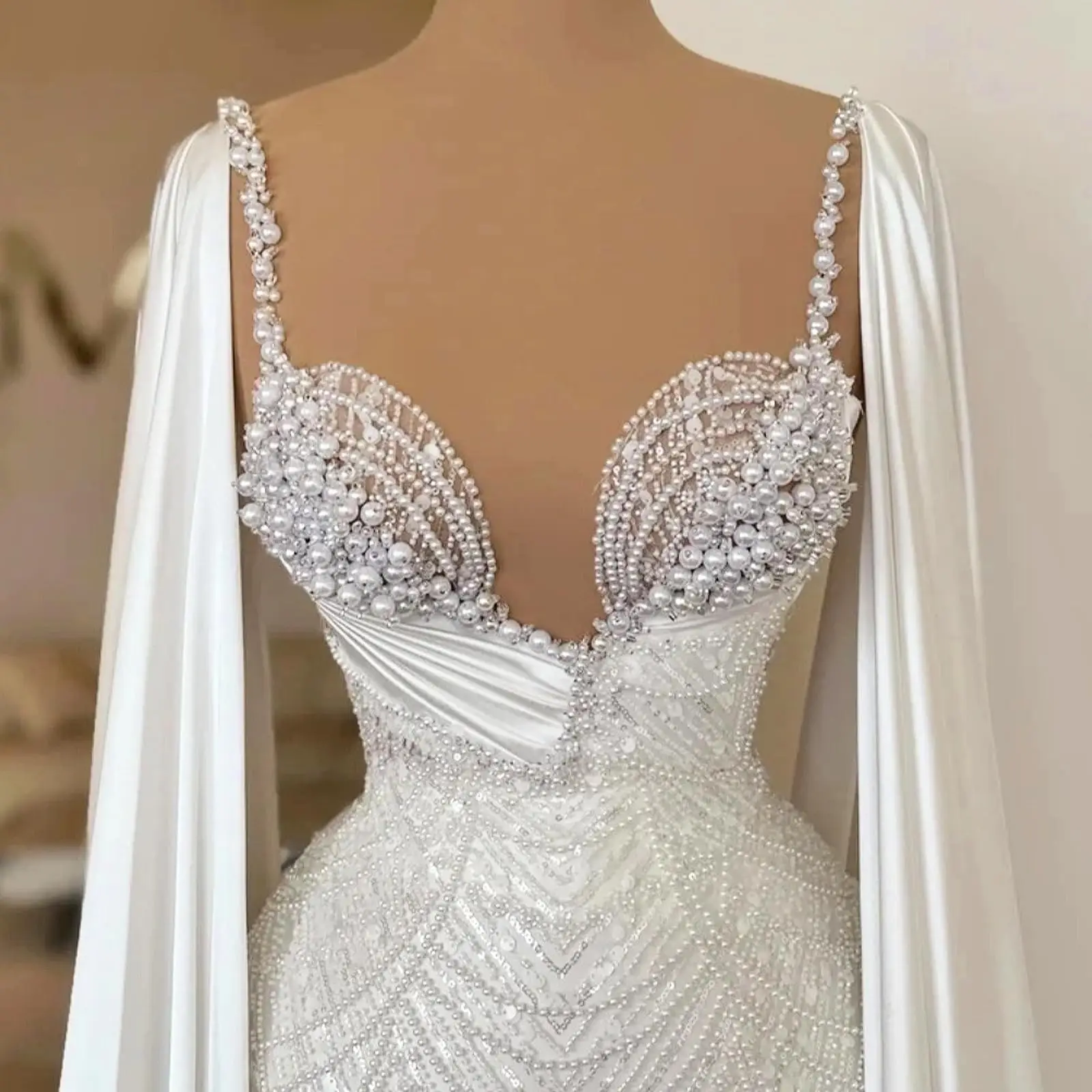 Perlen-Neckholder-Abendkleid, Meerjungfrau-Kleid mit Schal, Pailletten, langes Ballkleid, Hochzeitsbankett, elegante Abendkleider