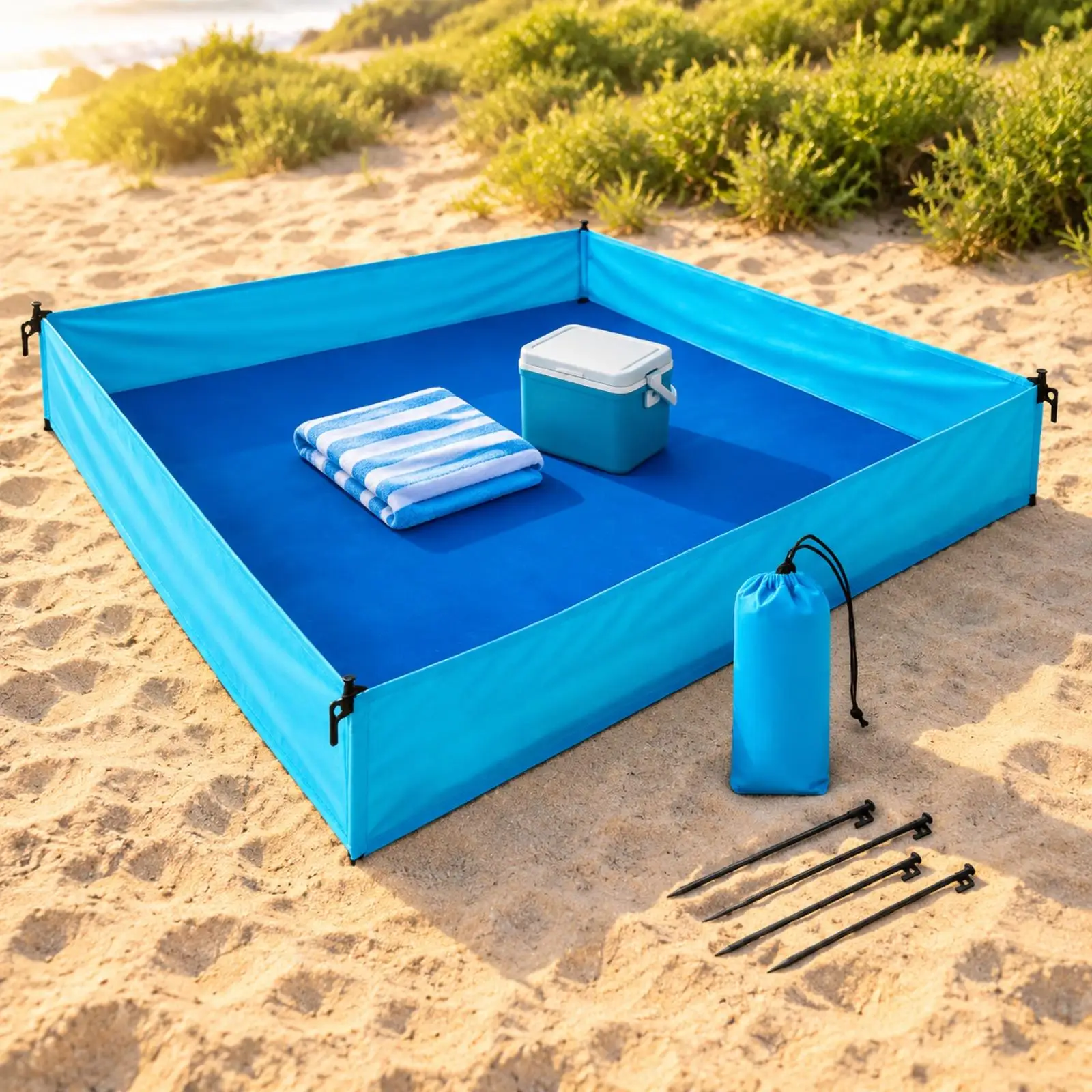 Raised-Wall Sand Mat Extra Large Sand Containment Mat with Stakes Camping Blanket Lightweight Beach Blanket with Stakes Compact