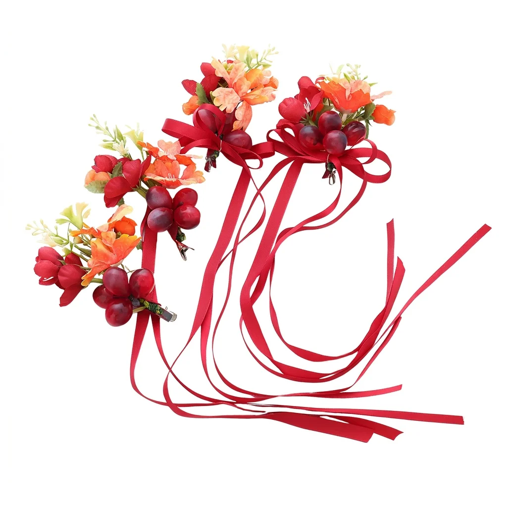 Bridal Hair Clip Artificial Grape Long Ribbon Headpiece for Wedding Ceremony Elegant Forest Style Hair Jewelry Accessory