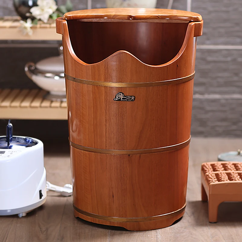 Oak heated foot soaking bucket, knee high steam fumigation foot soaking bucket, wooden constant temperature foot washing bathtub