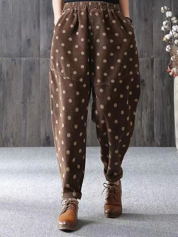 

High Waist Polka Dot Print Corduroy Women's Pants Korean Sle Straight Leg Trousers Spring Autumn Loose plus Size Harlan Pants