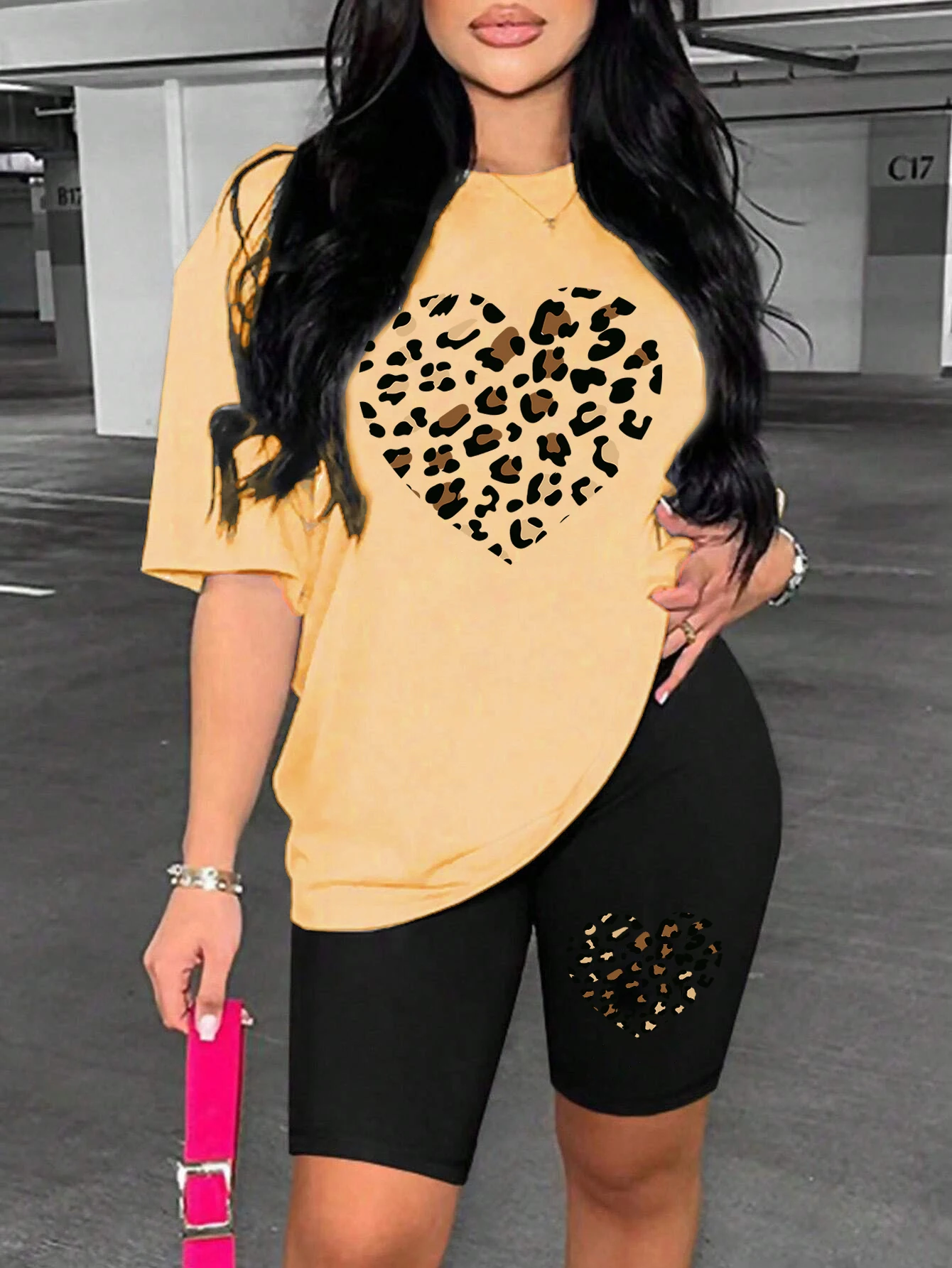 

Leopard Print Hollow Heart Pattern Woman Two Piece Set Comfy Breathable Short Sleeved Shorts Set Daily Versatile Shorts Sets