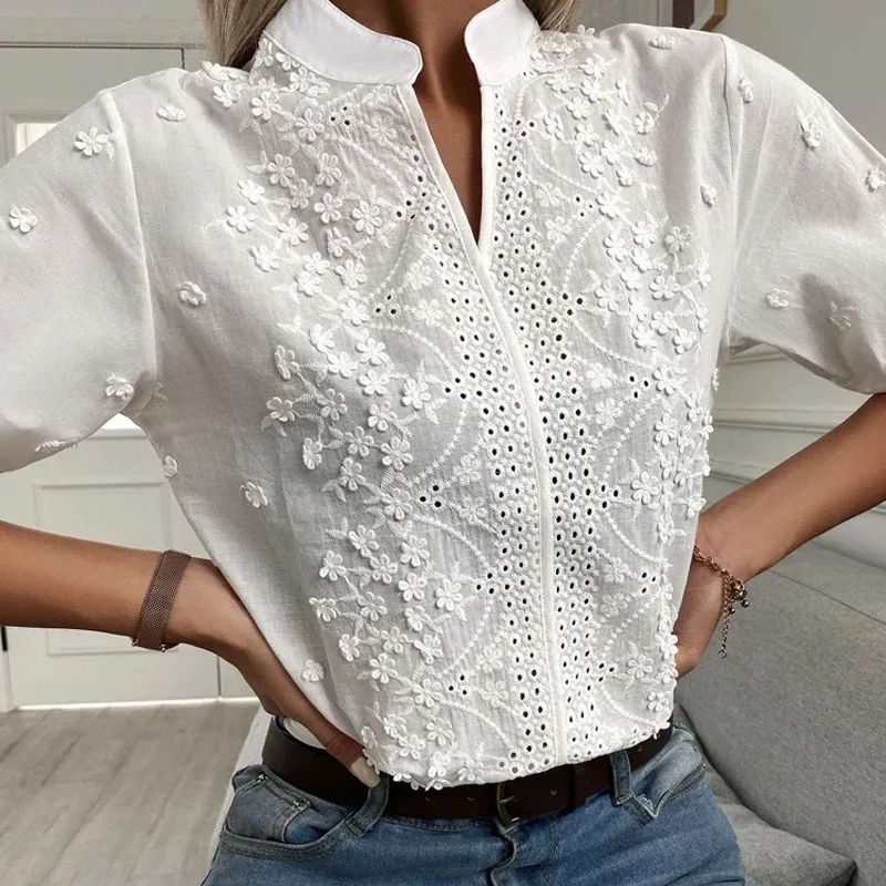 Cotton Tops Floral Embroidery Lace Blouse Women Summer Elegant Short Sleeve Hollow-out Stand Collar V Neck Casual Shirt 24350