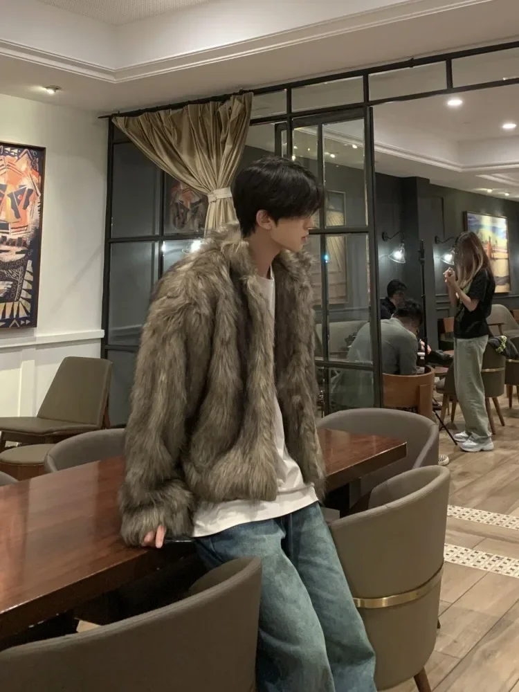 Korean Fashion Short Faux Fur Men\'s Winter Warm Fashionable Temperament Streetwear Jacket Long Hair Thickened Plush Coat New