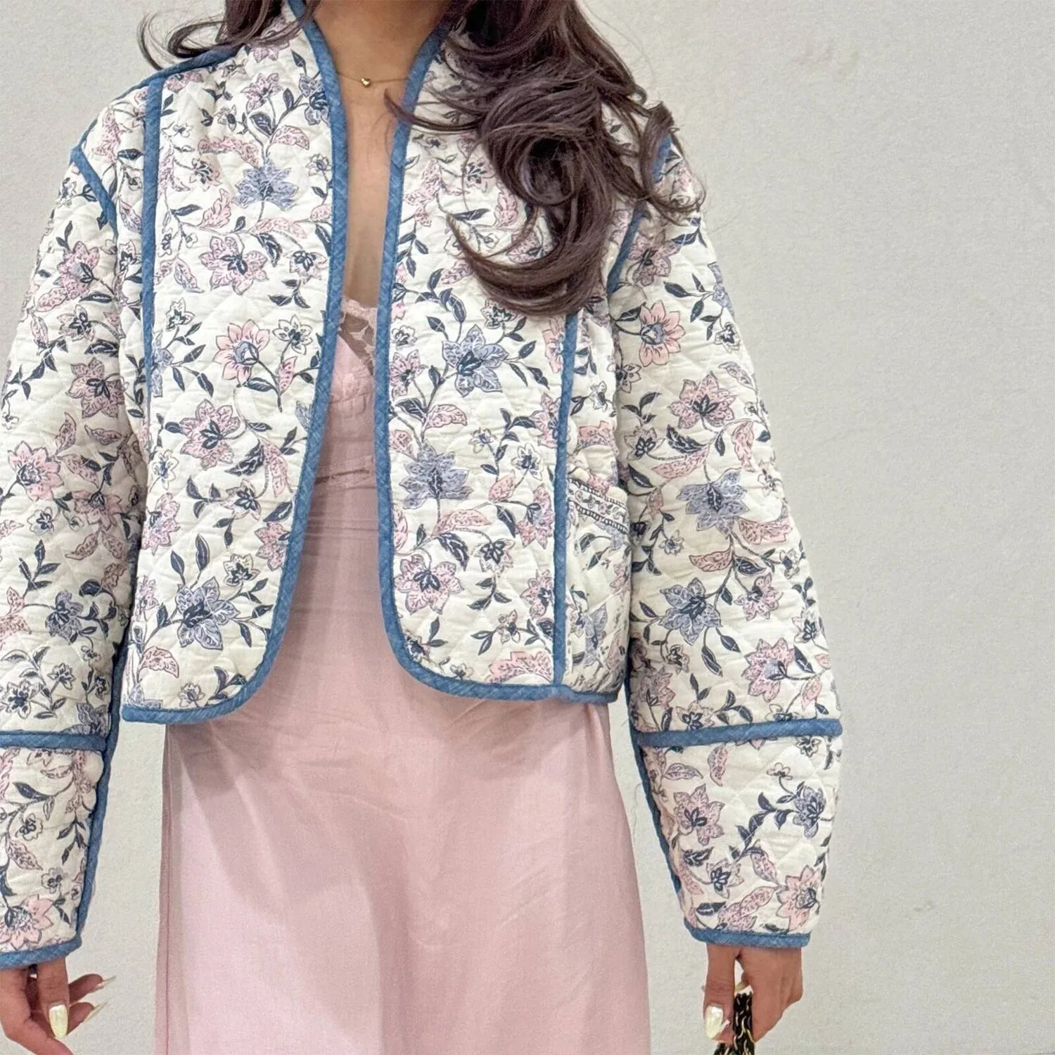 

Women Crop Quilted Jacket Lightweight Casual Floral Print Open Front Long Sleeves Fall Cardigan For Outwear Streetwear