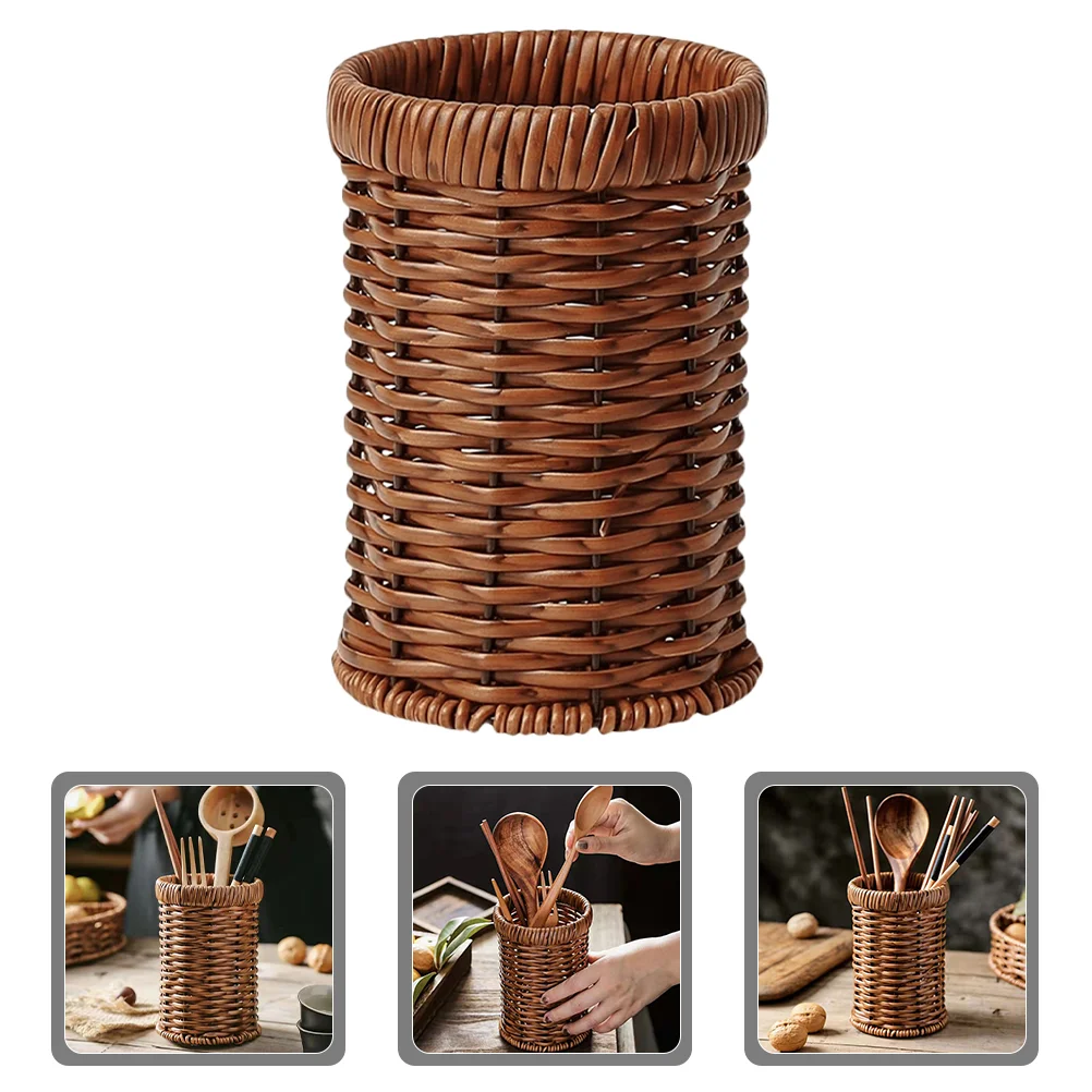 Rattan Pencil Holder Wicker Flatware Organizer Hand Woven Seagrass Cutlery Holder Kitchen Utensil Container Small Trash Can