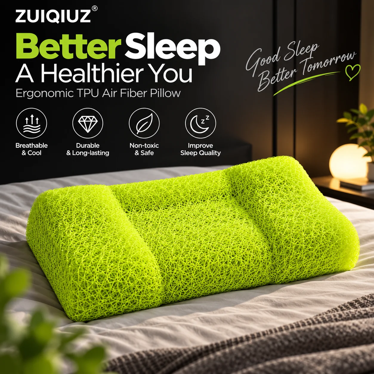 TPU Air Fiber Pillow Core Ergonomic Neck Curve Support Breathable Easy Clean Quick Dry 52x30x8.5cm for Comfortable Sleep
