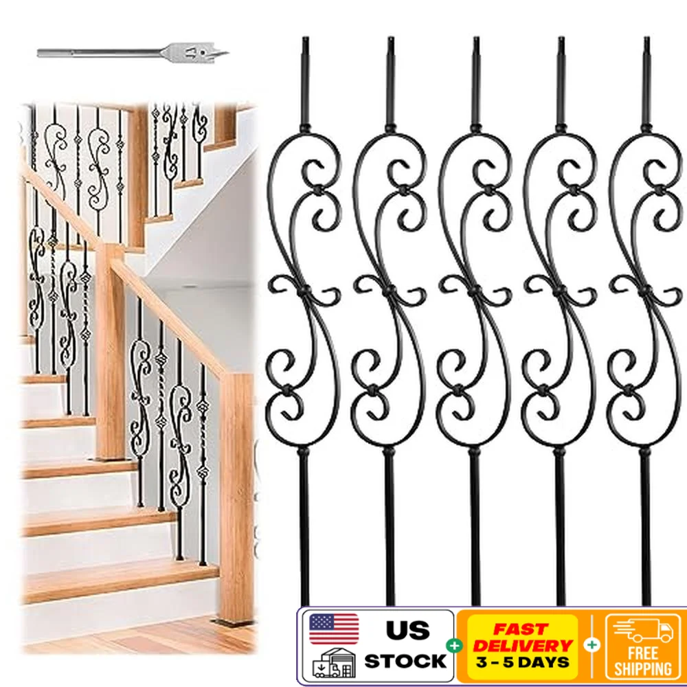 5-Pack Black Scroll Wrought Iron Stair Baluster Hollow Deck Spindle Kit Easy Install High Quality Interior Exterior Railing