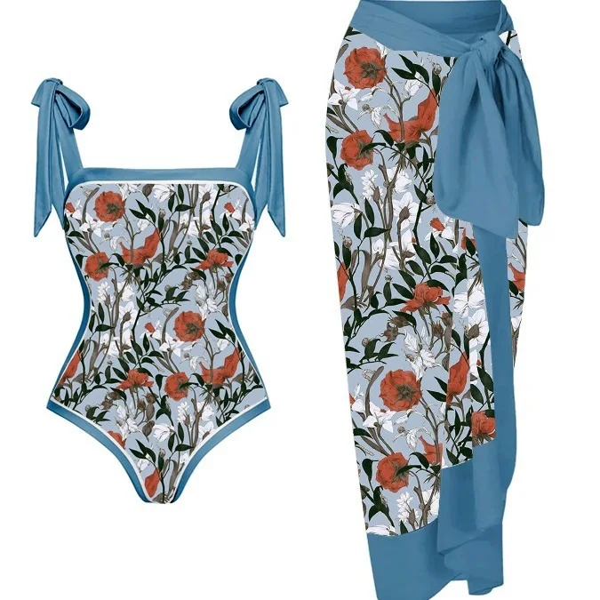 Fashion New One-piece Suspender Digital Printing Long Skirt Swimsuit Two-Piece Suits