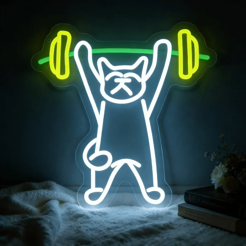 Cat Lifting Weights Neon Sign LED Night Light USB Powered Gym Fitness Gymnasium Sports Bar Home Bedroom Desk Decoration Gift