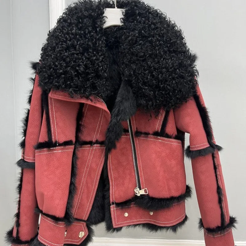 Winter New Korean-style Faux Rabbit Fur and Faux Fur Coat for Women Short Copy Beach Wool Collar and Thickened Coat in One Piece