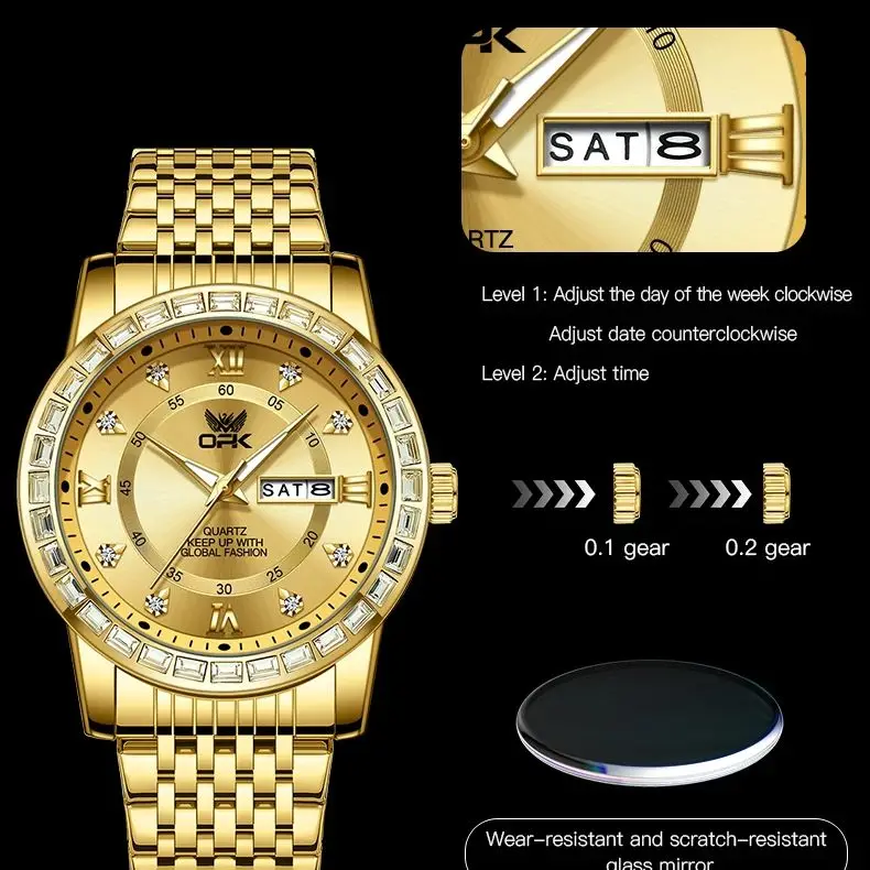 Original Watch 8174 Gold Diamond Wrist watch for Man Dual Calendar Display Men Hand Clock Stainless steel