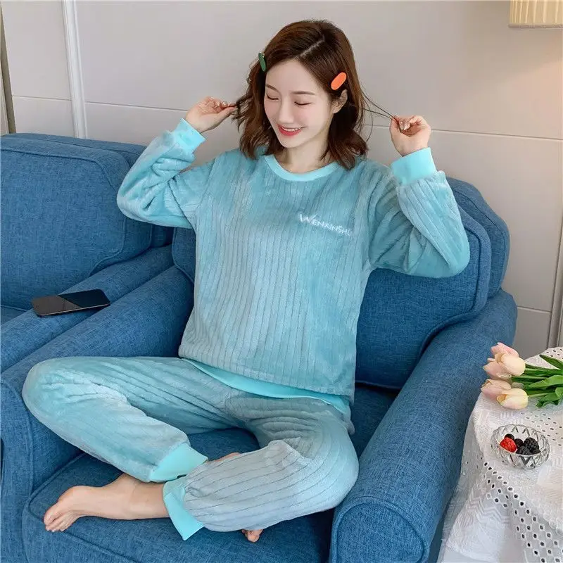 Women\'s Winter Warm Flannel Pajamas Set Korean Elegant Loose Cute Cartoon Sleepwear Home Clothes Two-piece Suit Femlae Pijama
