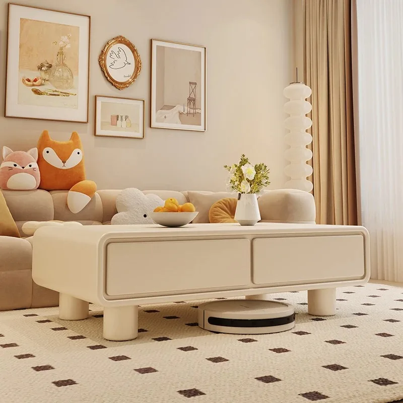 

White Cream Coffee Table Drawers Aesthetic Transform Storage Decoration Cheap Coffee Table Modern Mesas Bajas Trendy Furniture