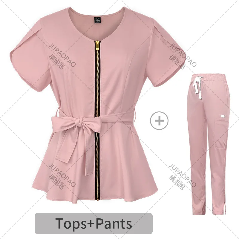 Uniforme de enfermería, ropa de trabajo, Tops y pantalones, traje de enfermera de Color sólido, blusa de bolsillo de manga corta, ropa de trabajo de odontología y farmacia