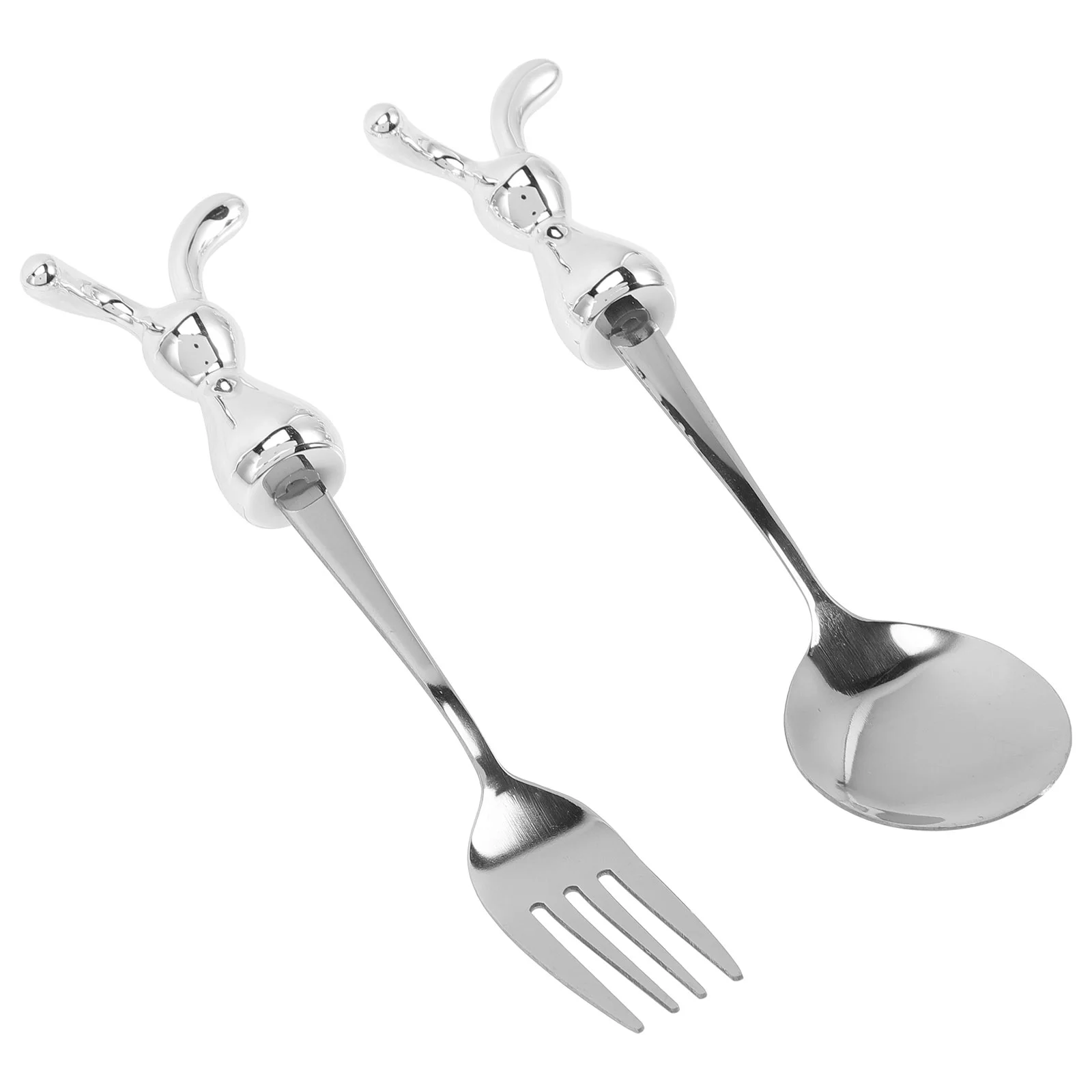 2 Pcs Rabbit Tableware Children Fork Spoon Toddler Metal Utensils Cutlery Set Eating