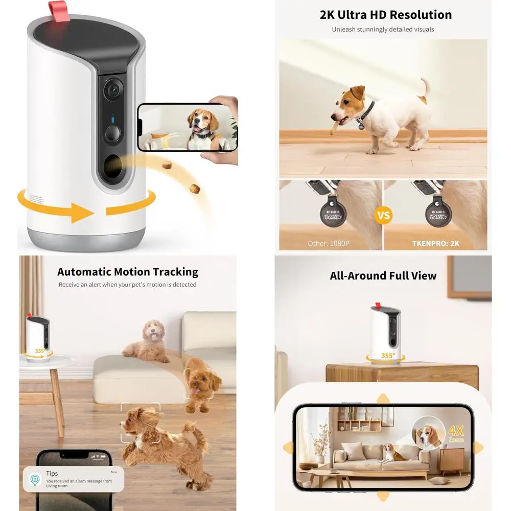 

Smart Pet Camera with Treat Dispenser, 360° Panoramic View, WiFi Enabled, 2-Way Audio, Remote Feeding, Motion Detection, Auto Tr