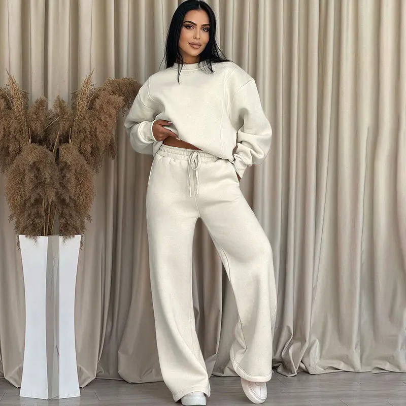 Autumn and winter new solid color round collar long sleeve loose women's fashion casual wide leg pants two piece suit pant sets - Image 2