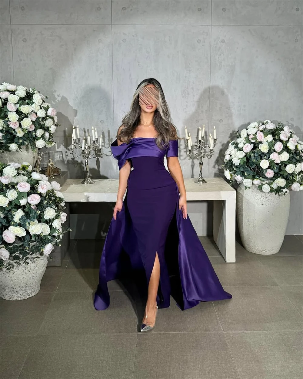 Customized Classic Jersey Strapless Off the Shoulder Sleeveless Evening Dress Elegant Straight Front Slit Special Occasion Gowns