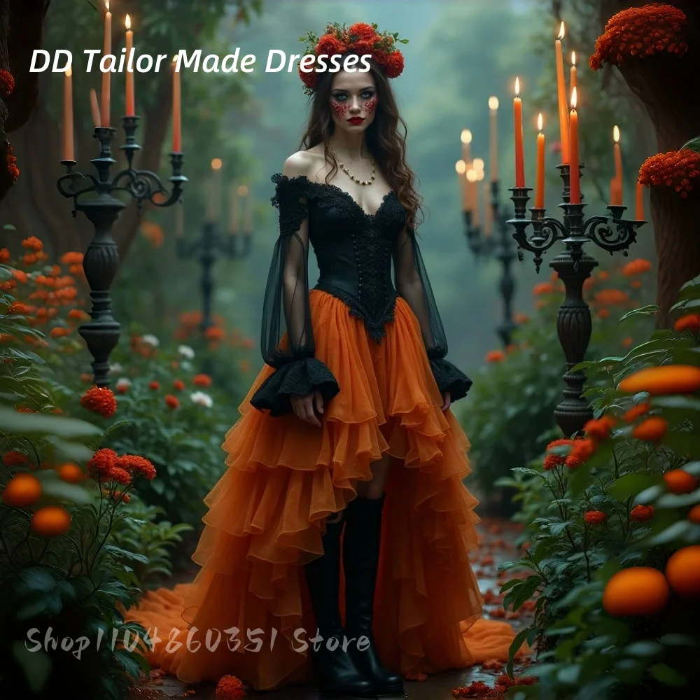 

Steampunk Corset High Low Prom Dress Off Shoulder Long Sleeves A-Line Black Orange red Tiered Vintage Masquerade Gown Customized
