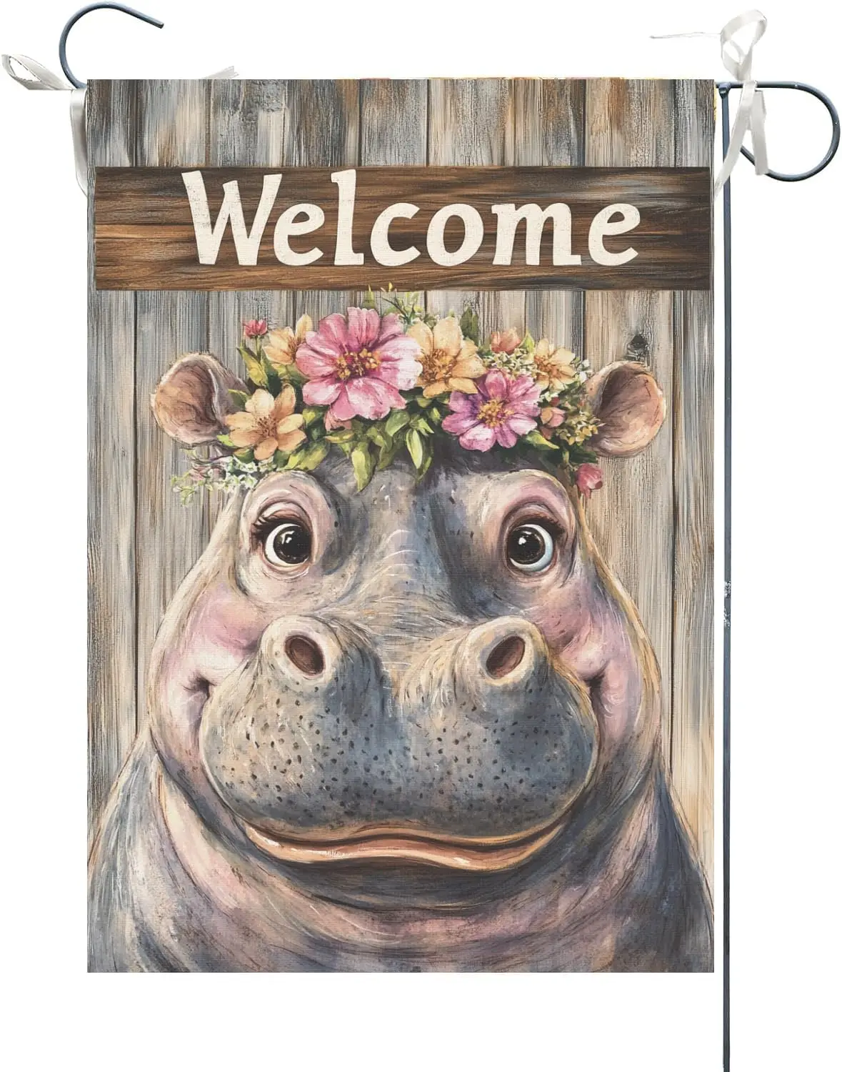Hippopotamus wearing flowers on its head Garden Flag 12x18 Inch Double Sided, Small Burlap wooden boards Spring Summer Seaso KZA