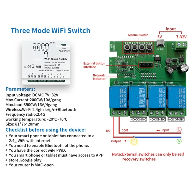 4CH Ewelink Wifi Smart Switch RF433 2.4G Wifi Smartlife Home Automation Module For IFTT Alexa Google Home