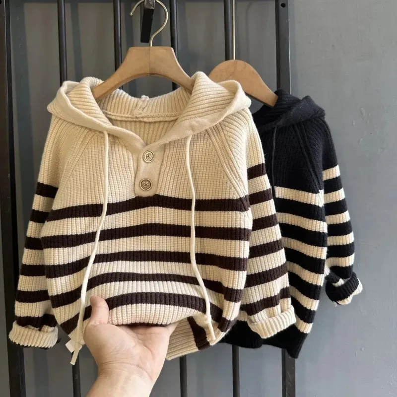 

Boys' hooded pullover sweater 2024 Spring/Autumn/Winter children's striped thickened sweater jacket sweater