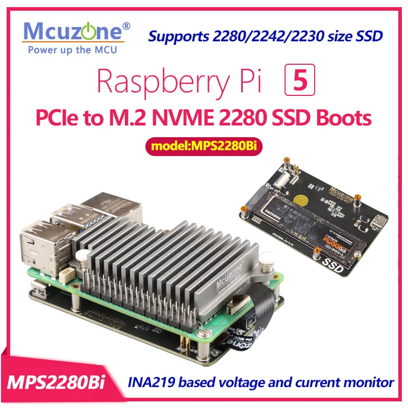 MPS2280Bi Raspberry Pi 5 PCIe to M.2 NVME 2280 SSD Boots  INA219 based voltage and current monit Supports 2280/2242/2230 SSD