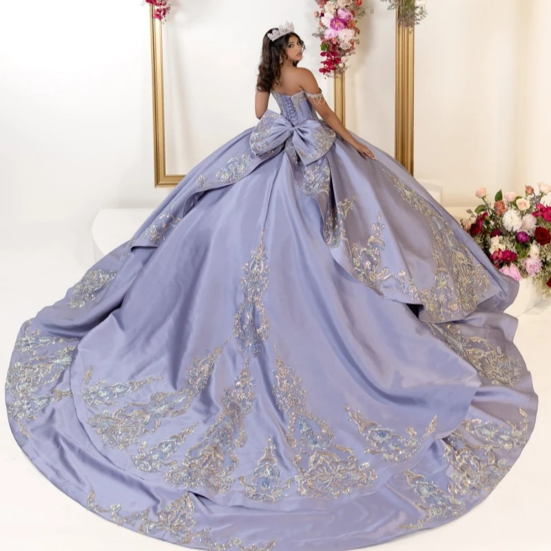 Navy Blue Shiny Quinceanera Dresses Off The Shoulder Goldv Applique Lace Beading Bow Party Birthday Sweet 16 Dress Vestidos 15