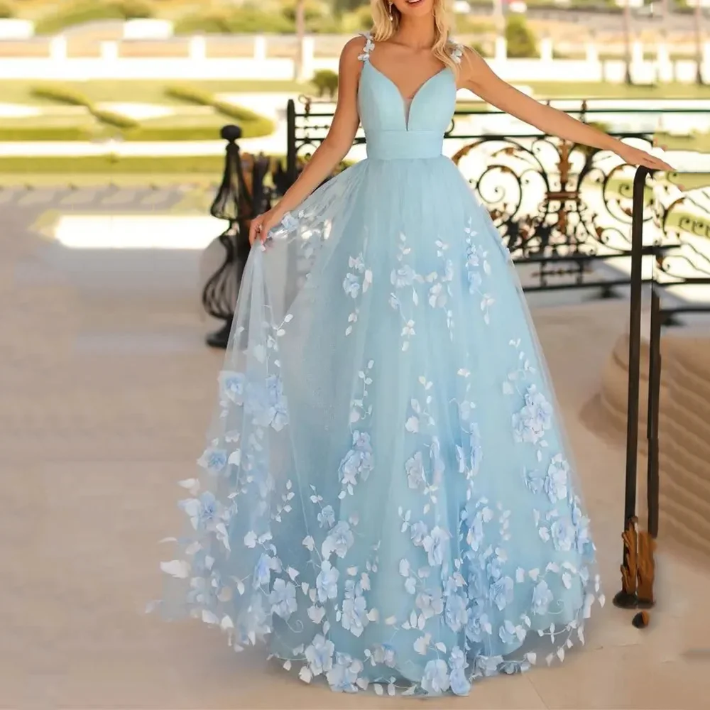 

Customized Formal 3D Flowers Long Evening Dress Deep-V Neck Lace Appliques A-Line spaghetti strap Prom Gown Modern Party Dress